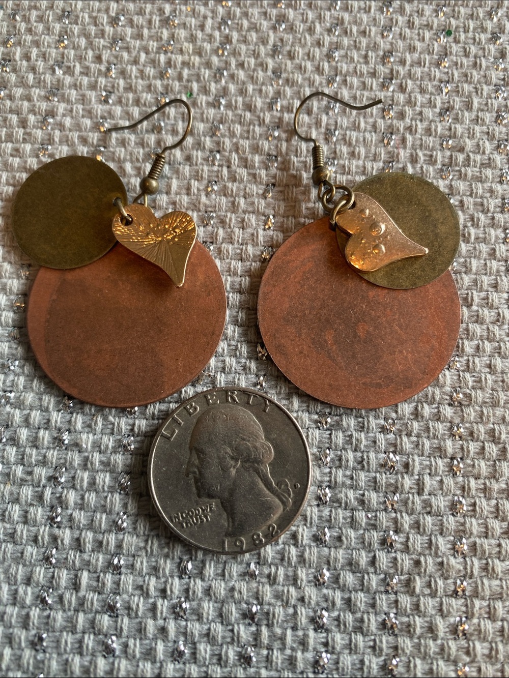 Layered Copper and Gold Heart Drop Earrings